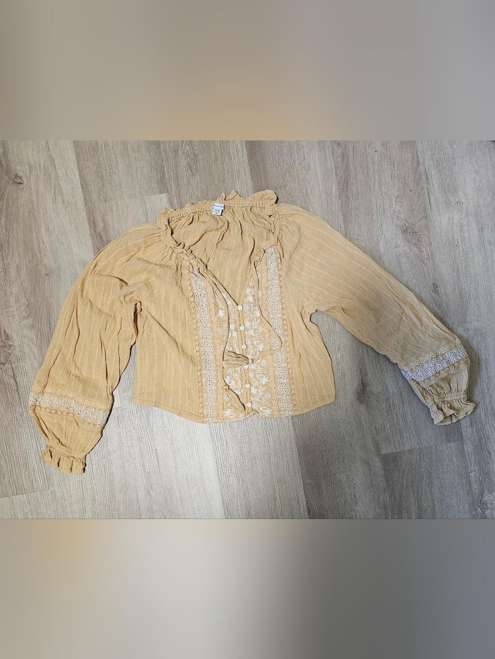 American Eagle Yellow/Khaki Embroidered Lace Peasant Blouse Top Size S Boho